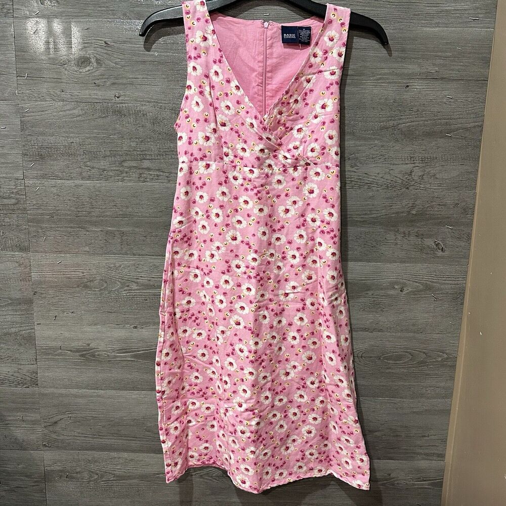 Basic Editions Dress Pink Floral Daisy Dress Size 6‎ Linen Zip Back Tie Waist
